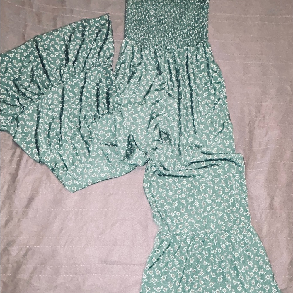 Green Floral Smocked Flare Legged jumpsuit